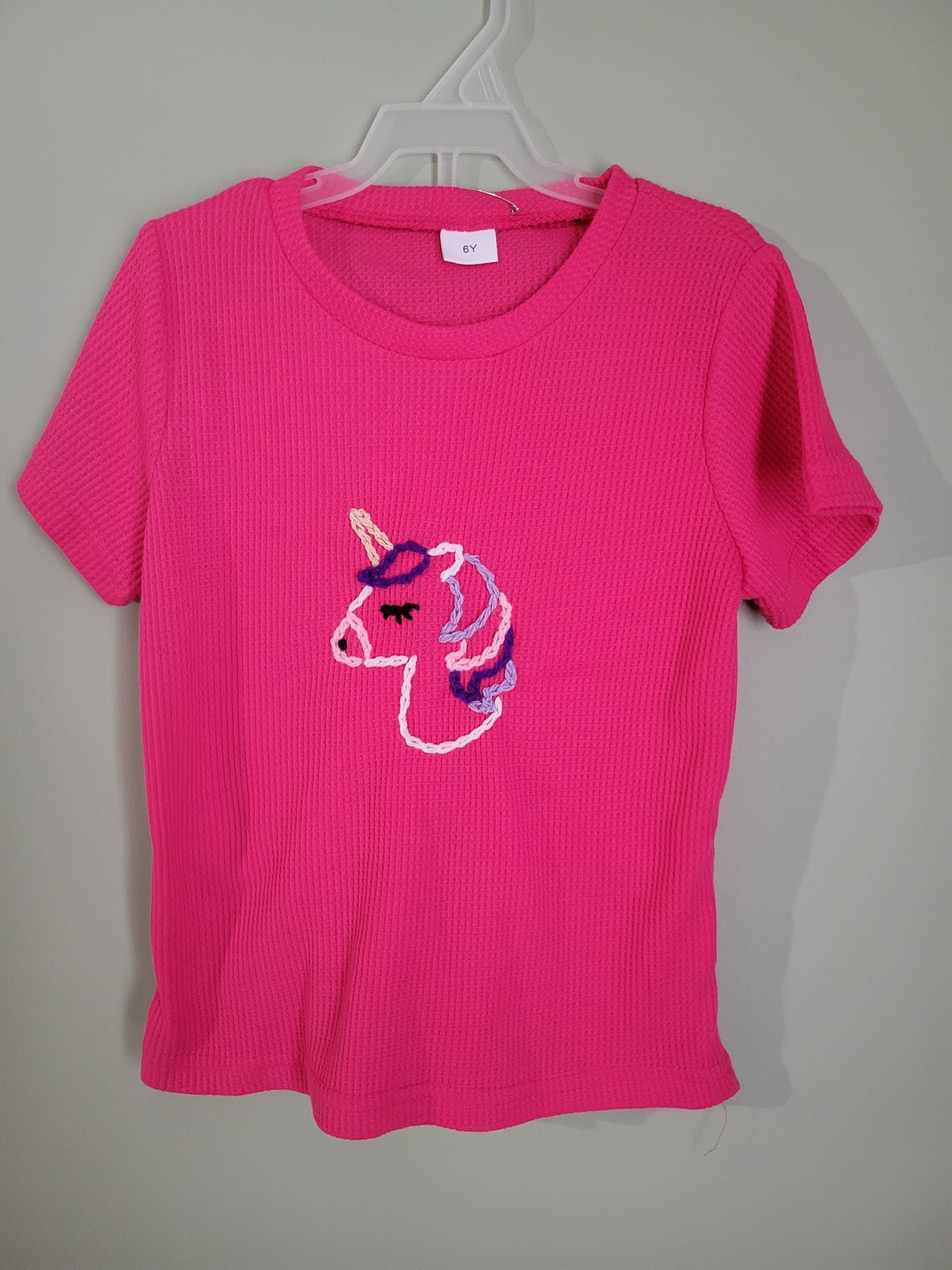 Pink Waffle Knit Outfit Set with Unicorn-Size 6