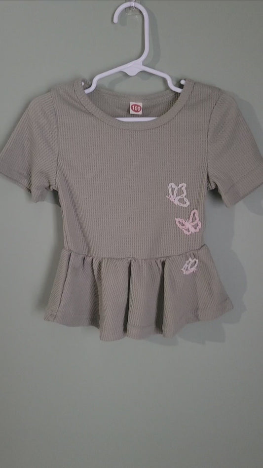 Green Waffle Knit Ruffle Top with Butterflies-3T