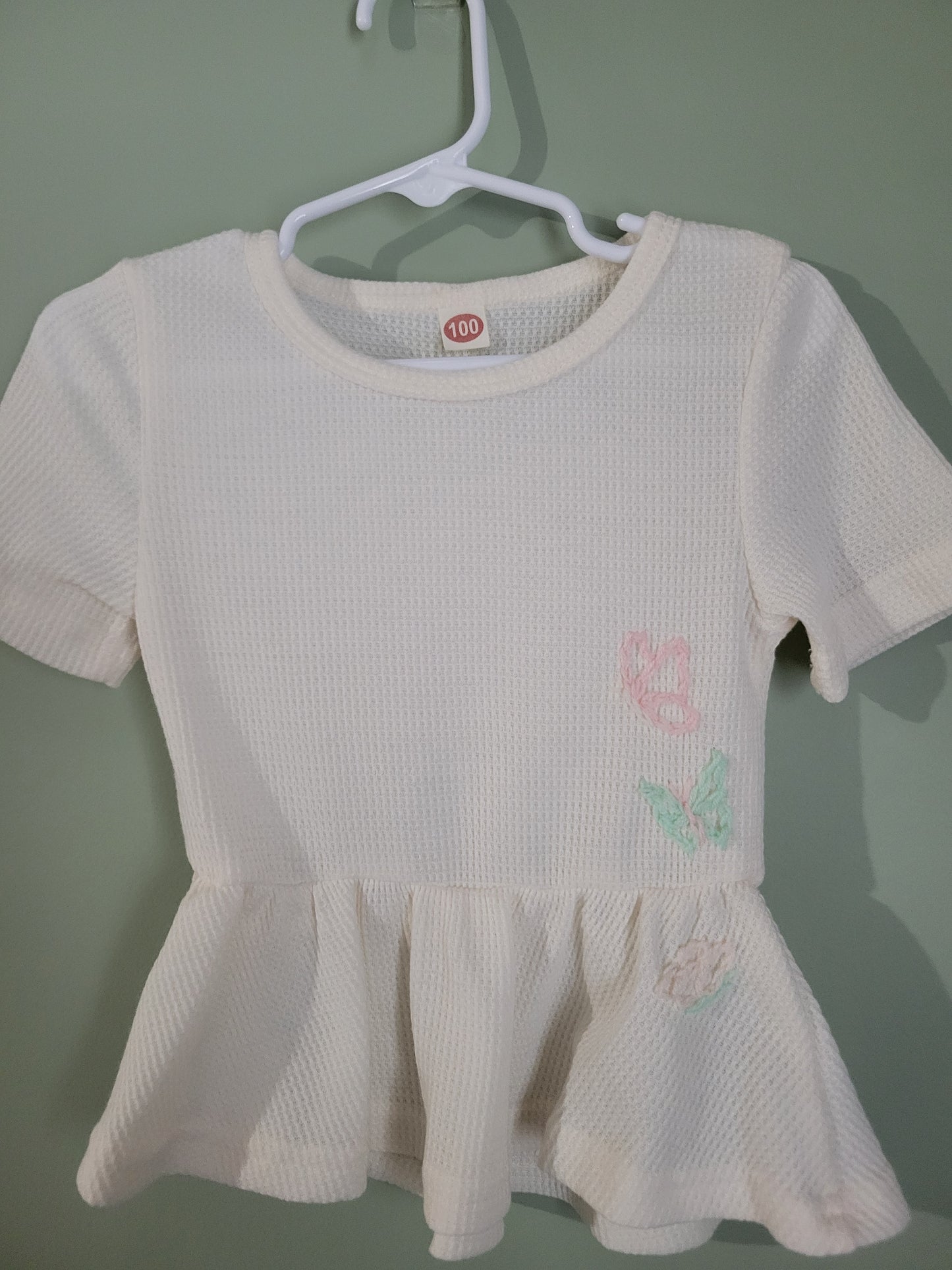Cream Waffle Knit Ruffle Top with Butterflies-3T