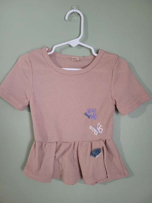 Tan Waffle Knit Ruffle Top with Butterflies-3T