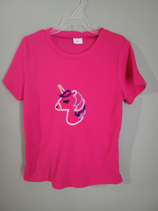 Pink Waffle Knit Outfit Set with Unicorn-Size 6