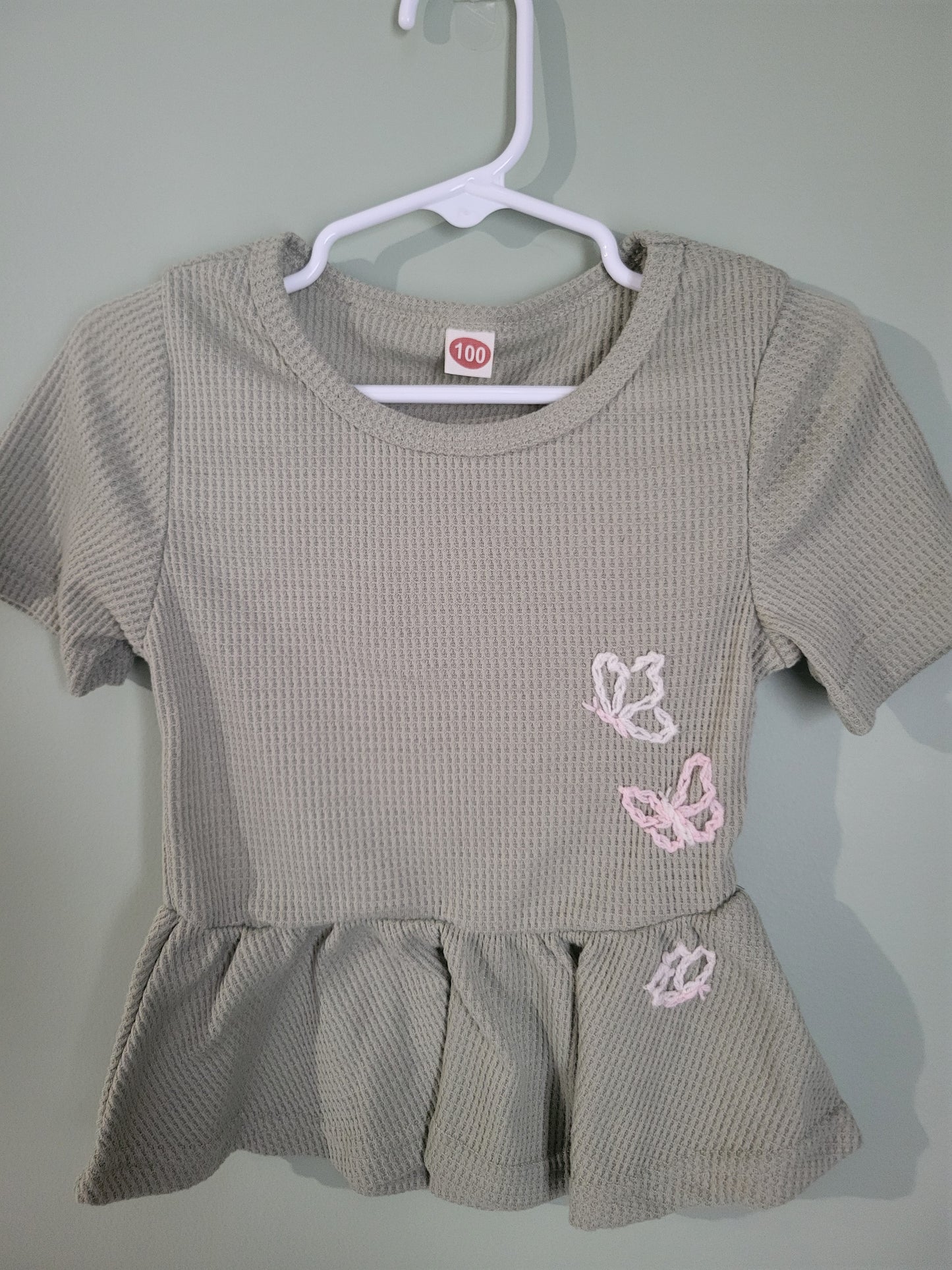 Green Waffle Knit Ruffle Top with Butterflies-3T